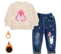 Peacolate printemps et automne hiver Petite fille Ensemble manches longues cachemire doublé T-shirt et jeans brodés(Blanc, 2ans)