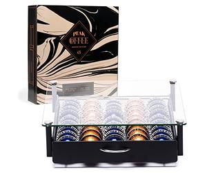 Peak Coffee Plateau Coulissant de Rangement 45 Capsules - Structure en Verre et Métal Noir pour Dosettes Machines à Café Nespresso Vertuo - 36x37x8,5 cm