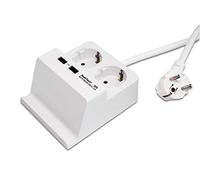 PeakTech 3125 - Prise de table avec 2 x 230 V Schuko & 2 chargeurs USB de 2,5 A, multiprise avec sécurité enfants, support pour smartphone & tablette inclus, antidérapant, 100x60x120 mm - 400g, blanc