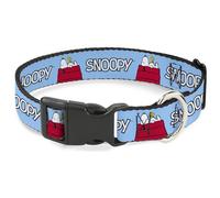 Peanuts Worldwide LLC Collier pour Chien avec Boucle en Plastique, Peanuts Snoopy et Woodstock Pose et Texte Bleu Ciel 17,8 à 21,6 cm de Large