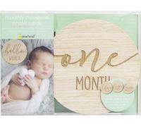 Pearhead Wooden Monthly Milestone Photo Cards - 7 Double-Sided Engraved Discs for Baby Announcement and Milestones, Gender-Neutral Photo Props for Newborn Boy and Girl, Light Wood