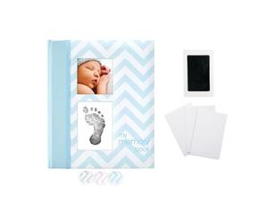 Pearhead First 5 Years Chevron Baby Memory Book with Included Clean-Touch Baby Safe Ink Pad, Keepsake Milestone Journal, UK English Version, Blue