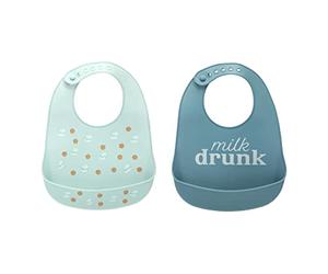 Pearhead Silicone Bib Set of 2, One Milk Drunk Baby Bib, One Light Blue Milk and Cookies Bib, Gender-Neutral Baby Feeding Accessory for New Parents and Expecting Parents, 2 Bibs
