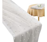 Pearl Table Cloth - Soft Cuttable Tulle Boho Gauze Overlay Runner | | Seasonal Sheer Beaded Mesh Tablecloth Wedding Birthday Party Reception Dining Table Cover Elegant Event Decor Drape