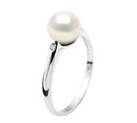 PEARLS & COLORS - Bague Joaillerie Diamant 0,020 Cts - Véritable Perle de Culture d'Eau Douce Ronde 8-9 mm - COLORIS BLANC NATUREL - Qualité AAA+ - Or Blanc - Bijou Femme
