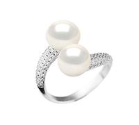 PEARLS & COLORS - Bague Toi & Moi - Véritables Perles de Culture d'Eau Douce Boutons 9-10 mm - Colori Blanc Naturel - Qualité AAA+ - Taille Ajustable - Argent 925 Millièmes - Bijou Femme