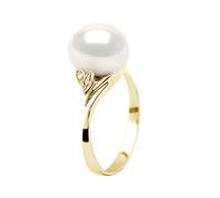 PEARLS & COLORS - Bague Véritable Perle de Culture d'Eau Douce Ronde 7-8 mm - Coloris Blanc Naturel - Qualité AA Diamant 0,020 Cts - Disponible en Or Jaune et Or Blanc - Bijou Femme