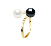 PEARLS & COLORS - Bague Véritables Perles de Culture d'Eau Douce Rondes 7-8 mm - Blanc Naturel et Black Tahiti - Qualité AAA+ - Disponible en Or Jaune et Or Blanc - Bijou Femme