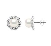 PEARLS & COLORS - Boucles d'Oreilles Joaillerie FLEUR - Véritables Perles de Culture d'Eau Douce 8-9 mm - Qualité AAA+ - Argent 925 Millièmes - Système Poussette Sécurité - Bijou Femme
