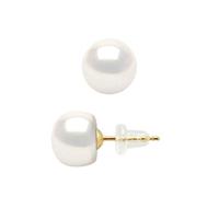 PEARLS & COLORS - Boucles d'Oreilles Véritables Perles de Culture d'Eau Douce Boutons - Blanc Naturel - Qualité AAA+ - Or Jaune - Système Poussette Sécurité - Bijou Femme
