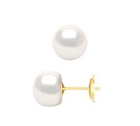 PEARLS & COLORS - Boucles d'Oreilles Véritables Perles de Culture d'Eau Douce Boutons - Blanc Naturel - Qualité AAA+ - Or Jaune - Système Confort Sécurité - Bijou Femme