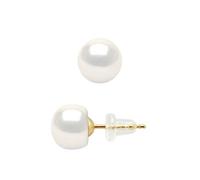 PEARLS & COLORS - Boucles d'Oreilles Véritables Perles de Culture d'Eau Douce Boutons - Blanc Naturel - Qualité AAA+ - Or Jaune - Système Poussette Sécurité - Bijou Femme