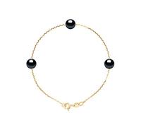 PEARLS & COLORS - Bracelet Chaîne 3 Véritables Perles de Culture d'Eau Douce Rondes 7-8 mm - Qualité AAA+ - Colori Black Tahiti - Disponible en Or Jaune et Or Blanc - Bijou Femme