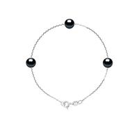 PEARLS & COLORS - Bracelet Chaîne 3 Véritables Perles de Culture d'Eau Douce Rondes 7-8 mm - Qualité AAA+ - Colori Black Tahiti - Disponible en Or Jaune et Or Blanc - Bijou Femme