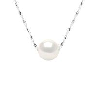 PEARLS & COLORS - Collier Chaîne Véritable Perle de Culture d'Eau Douce Ronde 9-10 mm - Colori Blanc Naturel - Qualité AA Disponible en Or Jaune et Or Blanc - Bijou Femme