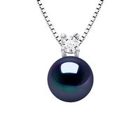 PEARLS & COLORS - Collier Solitaire Véritable Perle de Culture d'Eau Douce Ronde 8-9 mm - Oxyde de Zirconium - Argent 925 Millièmes - Bijou Femme