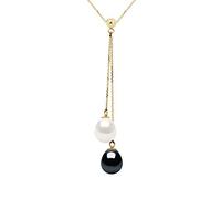 PEARLS & COLORS - Collier TOI & MOI Véritables Perles de Culture d'Eau Douce Poires 8-9 mm - Qualité AAA+ - Blanc Naturel et Black Tahiti - Disponible en Or Jaune et Or Blanc - Bijou Femme