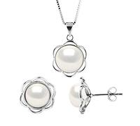 PEARLS & COLORS - Parure Mariage - Collier et Boucles d'Oreilles - Véritables Perles de Culture d'Eau Douce - Qualité AAA+ - Argent 925 Millièmes - Bijou Femme