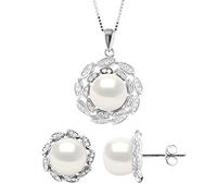PEARLS & COLORS - Parure Mariage Prestige Joaillerie - Collier et Boucles d'Oreilles - Véritables Perles de Culture d'Eau Douce - Qualité AAA+ - Argent 925 Millièmes - Bijou Femme