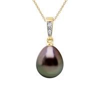 PEARLS & COLORS - Pendentif Diamant 0.010 Cts Véritable Perle de Culture de Tahiti Poire 9-10 mm - Qualité AA Disponible en Or Jaune et Or Blanc - CHAINE OFFERTE - Bijou Femme