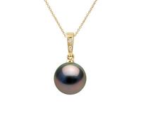 PEARLS & COLORS - Pendentif Diamant 0.010 Cts Véritable Perle de Culture de Tahiti Ronde 10-11 mm - Qualit Disponible Or Jaune et Or Blanc - Chaîne Offerte - Bijou Femme