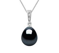 PEARLS & COLORS - Pendentif Joaillerie Véritable Perle de Culture d'Eau Douce Poire 9-10 mm - Qualité AAA+ - Black Tahiti - Diamant 0.020 Cts - Bijou Femme