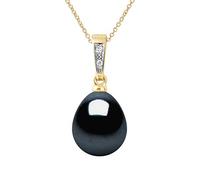 PEARLS & COLORS - Pendentif Joaillerie Véritable Perle de Culture d'Eau Douce Poire 9-10 mm - Qualité AAA+ - Black Tahiti - Diamant 0.020 Cts - Bijou Femme