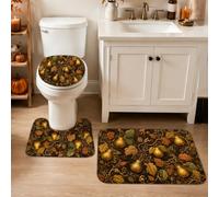 Pears - Lot de 3 tapis de salle de bain absorbants à séchage rapide, motif feuilles rustiques, tourbillons et dorés, pour toilettes, décoration de sol