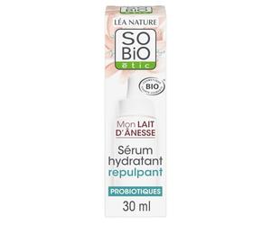 Peau intensément réhydratée et apaisée avec SO'BIO ETIC Sérum Hydratant Fortifiant Repulpant au Lait d'Anesse et Probiotiques, 30mL - Lot de 2