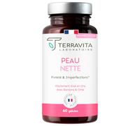 PEAU NETTE | Action Détox Anti Acné & Points Noirs | Zinc Bisglycinate 15mg + Bardane + Biotine + Propolis | Régule la Production de Sébum | Anti-imperfections | 60 Gélules Made in France | Terravita