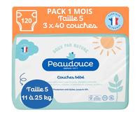 PEAUDOUCE - 120 Couches Bébé Taille 5 (11-25kg) - Pack 1 Mois : 3 Sacs x 40 - Ecologiques, Naturelles et Saines - Fabriquées en France - Protection Anti-Fuites Jusqu'à 12 h - Non Blanchie Au Chlore