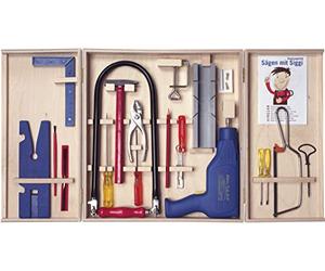 Pebaro 408PL Armoire à scie à chantourner de qualité, 28 pièces, kit complet dans une armoire à bois, outils en acier, scie à chantourner fabriquée en Allemagne, perceuse, bricolage avec bois, scies à