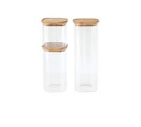 Pebbly - Set de 3 boîtes carrées en verre avec couvercle en bambou - 3 formats- Empilables, parfaites pour conserver ses aliments secs, céréales, amandes…