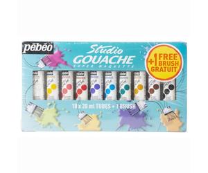 Pébéo 230199 Gouache Studio + Starter Set de 10 Tubes 20 ml + Pinceau