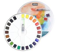 Pébéo - Aquarelle Fine Boîte Ronde en Métal 24 Demi-Godets - Coffret Peinture Aquarelle Pébéo - Kit Aquarelle Palette 24 Demi-Godets & 1 Pinceau de Poche (l'emballage peut varier)