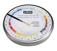 Pébéo - Aquarelle Fine Boîte Ronde en Métal 24 Demi-Godets - Coffret Peinture Aquarelle Pébéo - Kit Aquarelle Palette 24 Demi-Godets & 1 Pinceau de Poche (l'emballage peut varier)