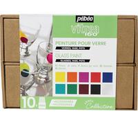 Pébéo - Coffret Collection Vitrea 160 - Coffret Peinture sur Verre - Décoration sur Verre - 10 Flacons de 45 ml - 1 Couleurs Assorties + Cerne Relief Noir Tube 20 ml + Accessoires + Guide Créatif