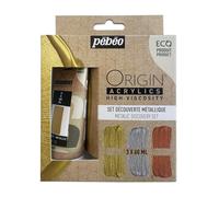 Pébéo - Origin Acrylics - Set Découverte 3x60 ml - Peinture Acrylique Éco-Conçue - Finition Métallique - Liant 100% Recyclé - 96% de Matières Premières d’Origine Européenne - Or, Argent et Cuivre