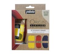 Pébéo - Origin Acrylics - Set Découverte Primaire 3x60 ml - Peinture Acrylique Éco-Conçue - Finition Mate - Liant 100% Recyclé - 96% de Matières Premières d’Origine Européenne - Jaune, Rouge, Cyan