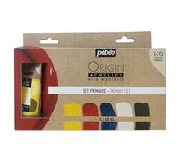 Pébéo - Origin Acrylics - Set Primaire 5x60 ml - Peinture Acrylique Éco-Conçue - Finition Mate - Liant 100% Recyclé - 96% de Matières Premières d’Origine Européenne - Jaune, Rouge, Cyan, Blanc, Noir