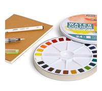 PEBEO - Set 24 Demi Godets Aquarelle + Accessoires + Carnet Papier + Pinceau Réservoir + Feutre Noir - Kit Aquarelle pour Artiste et Débutant - Couleurs Lumineuses