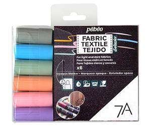 Pébéo - Set de 6 marqueurs spécial tissu et textiles foncés et opaques, Feutres pour tissus et textiles foncés et opaques, assortiment basique pointe ronde 4mm couleurs pastels
