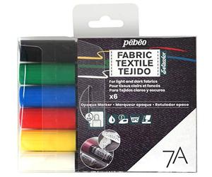Pébéo - Set de 6 marqueurs spécial tissu et textiles foncés et opaques, Feutres pour tissus et textiles foncés et opaques, assortiment basique pointe ronde 4mm Multicolore 804501