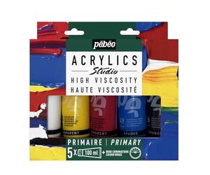 Pébéo - Set Peinture Acrylique - 5 Tubes 100 ml + Roue Chromatique - Couleurs Primaires - Qualité Fine Finition Mate Satinée