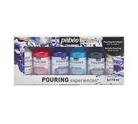 Pébéo - Set Pouring Expériences - Peinture Acrylique Pré-mélangée Prête à l'Emploi - 6 Flacons de 118ml - Blanc + Rouge + Bleu + Turquoise + Noir + Or