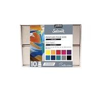 Pébéo - Setasilk Coffret Collection - Kit Peinture sur soie - 10 Flacons Bouchon Pipette de 45 ml Assortis + 2 Gutta à l'eau 20 ml + Accessoires
