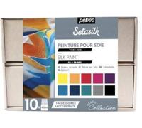 Pébéo - Setasilk Coffret Collection - Kit Peinture Sur Soie - 10 Flacons Bouchon Pipette De 45 Ml Assortis + 2 Gutta À L'eau 20 Ml + Accessoires