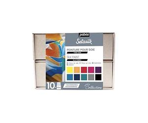 PEBEO - Setasilk Coffret Collection - Kit Peinture sur soie - 10 Flacons Bouchon Pipette de 45 ml Assortis + 2 Gutta à l'eau 20 ml + Accessoires