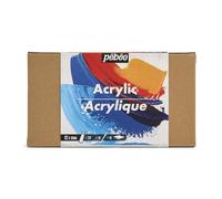 PEBEO - Studio Acrylics - Set 12 Tubes 20 Ml Couleurs Assorties + Accessoires - Kit de Peinture Acrylique pour Artiste et Débutant - Pinceaux + Spatule + Carton Toilé - Couleurs Lumineuses
