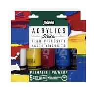 PEBEO Studio ACRYLICS Set 5 x 100 ML + Roue CHROMATIQUE, Blanc Titane, Jaune Primaire, Magenta Primaire, Cyan Primaire et Noir de Mars